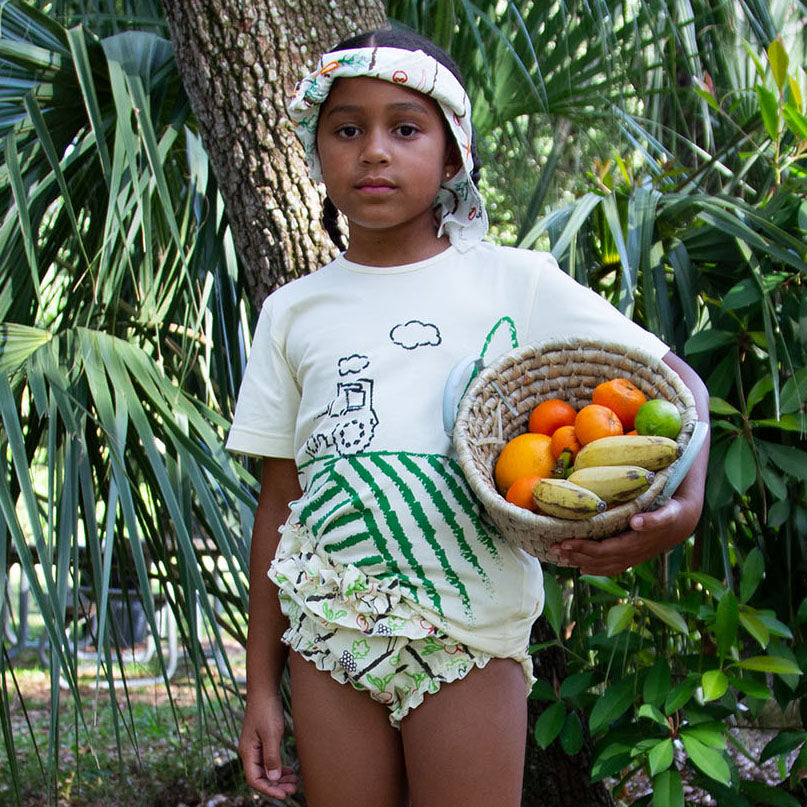 Off-White Short Sleeve T-Shirt with Tractor Print