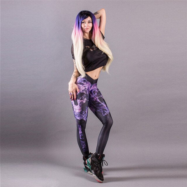 Classic Skull Printed Women Leggings Fitness Gothic Purple Mist Ankle Pants Sexy Workout Leggins Middle Waist