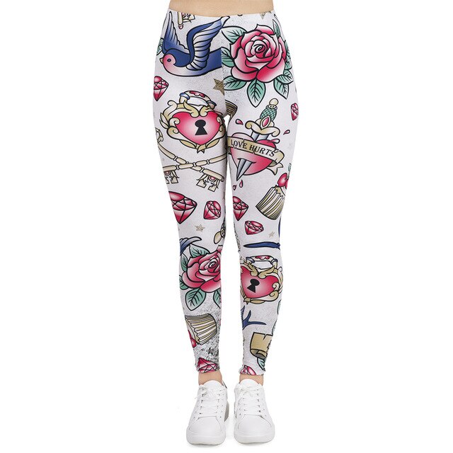Women Legging Valentines Tattoos Printing Leggins Slim High Elasticity Legins