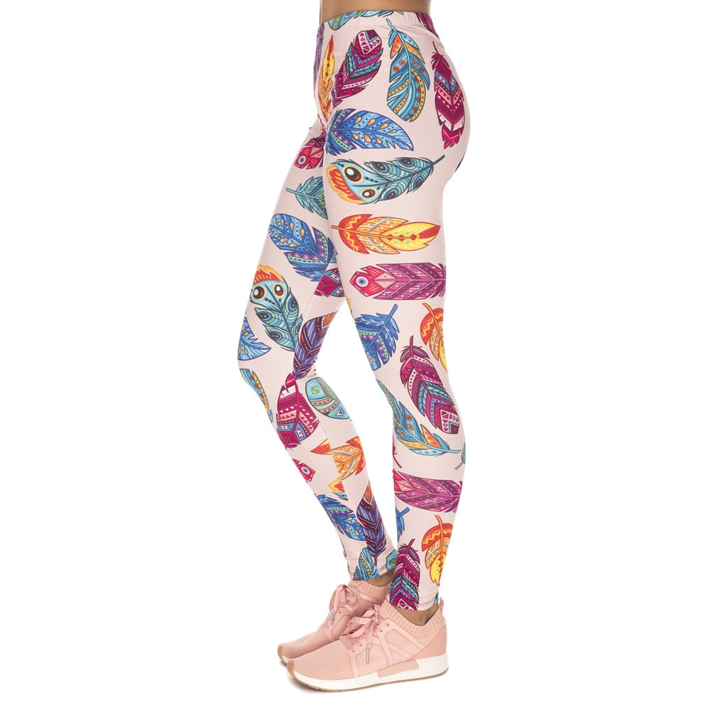 Women Legins Feathers Vibes Printing Blue Sexy Slim Legging Woman High Waist Leggings