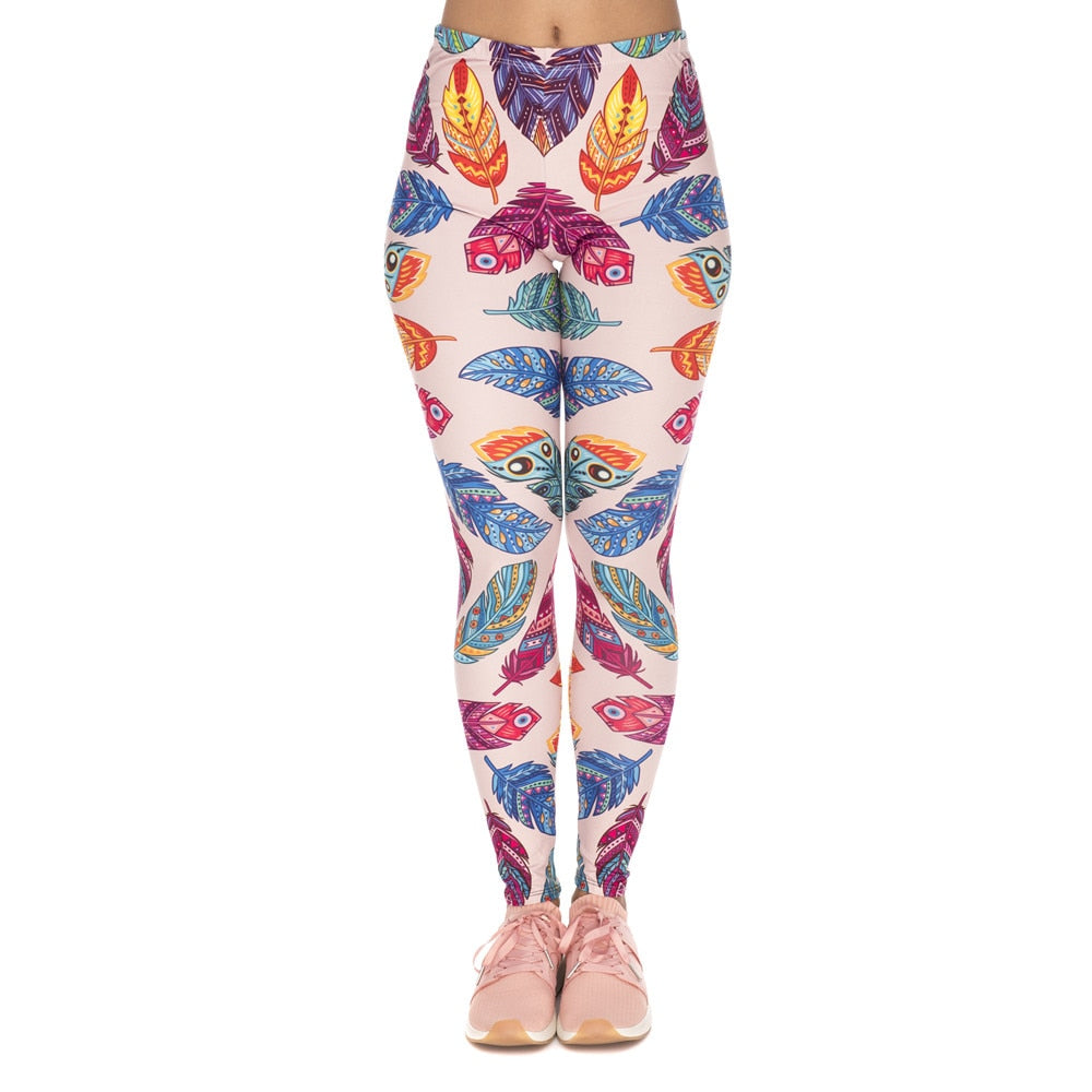 Women Legins Feathers Vibes Printing Blue Sexy Slim Legging Woman High Waist Leggings