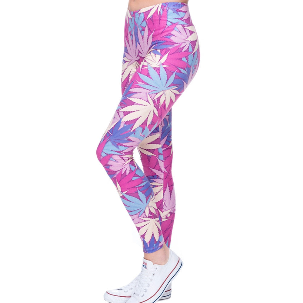 Women Weeds Print Pink Fitness Legging Silm Stretch Leggins High Waist Legins Trouser Casual Pants