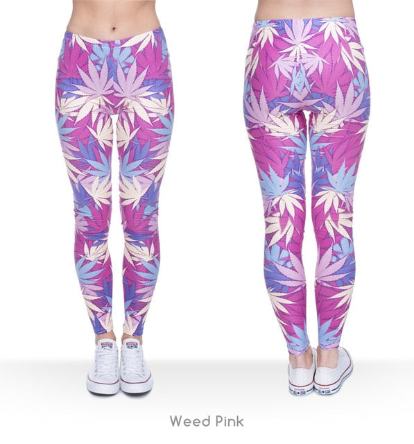 Women Weeds Print Pink Fitness Legging Silm Stretch Leggins High Waist Legins Trouser Casual Pants